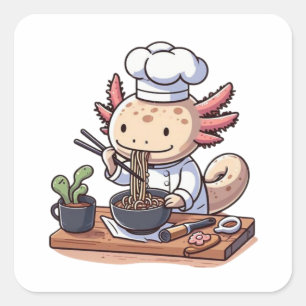 Adesivo Quadrado Kawaii Axolotl Eating Ramen