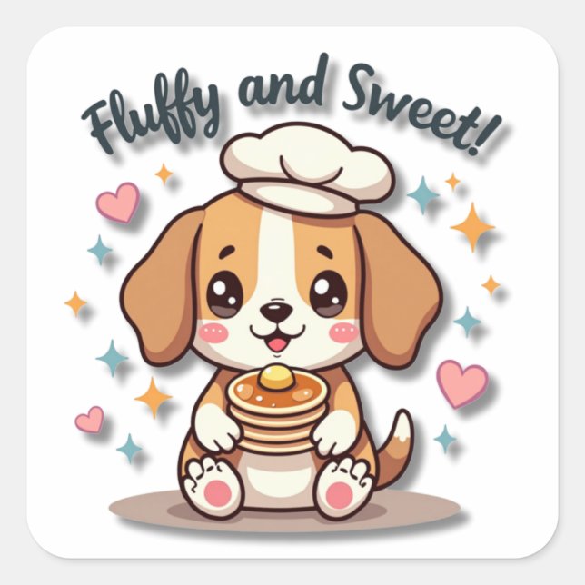 Adesivo Quadrado Kawaii Beagle Chef com Panquecas (Frente)