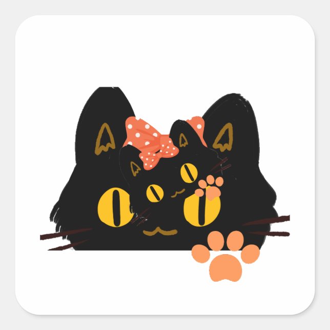 Adesivo Quadrado Kawaii Black Cat Peekaboo Art with Bow (Frente)