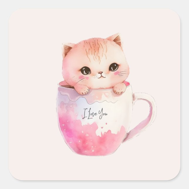 Adesivo Quadrado Kawaii Blushing Pink Chibi Cat (Frente)