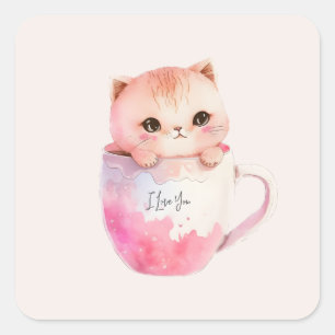 Adesivo Quadrado Kawaii Blushing Pink Chibi Cat