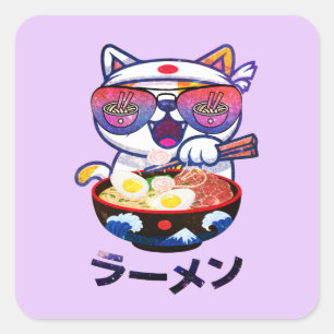 Adesivo Quadrado Kawaii Cat Eating Ramen - Bonitos Noodles Japonese
