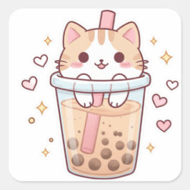 Adesivo Quadrado Kawaii Cat in Boba Cup Sticker – So Cute!