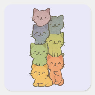Adesivo Quadrado Kawaii Cat Stack Watercolor Pastel Sticker