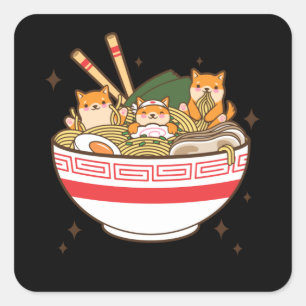 Adesivo Quadrado Kawaii dogs eating Ramen