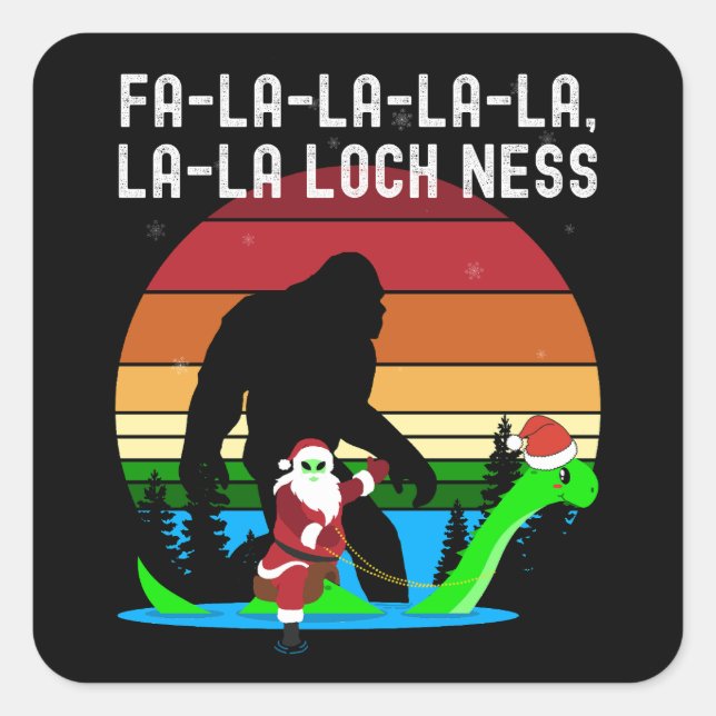 Adesivo Quadrado Kawaii Fa La La La LochNess Papai noel Alienígena (Frente)