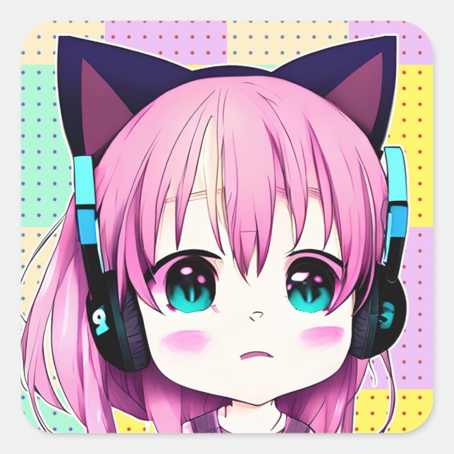 Adesivo Quadrado Kawaii Girl com Fones de ouvido (Frente)