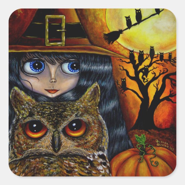Adesivo Quadrado Kawaii Halloween Owl Witch Doll com Olhos Grandes (Frente)