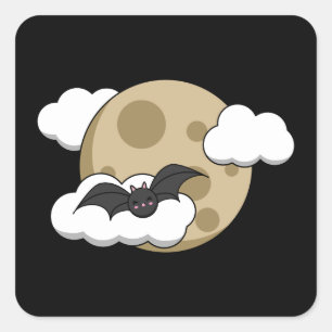 Adesivo Quadrado Kawaii Happy Bat Voando em Lua Cheia