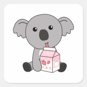 Adesivo Quadrado Kawaii Koala Retro Japonês Strawberry Milkshake