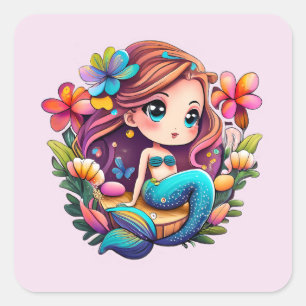 Adesivo Quadrado Kawaii Mermaid
