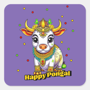 Adesivo Quadrado Kawaii Pongal - Vaca Decorada