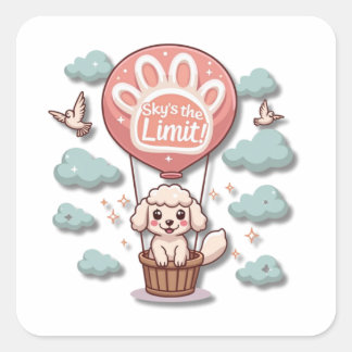 Adesivo Quadrado Kawaii Sheepdog no Balão de Ar Quente