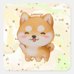 Adesivo Quadrado Kawaii Smiling Cartoon-Style Shiba Inu