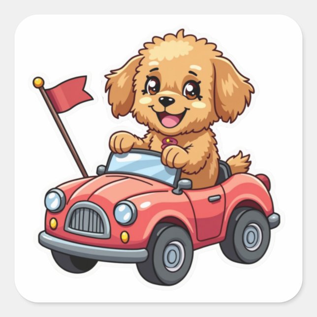 Adesivo Quadrado Kawaii Sticker Cavapoo Num Carro De Brinquedos (Frente)