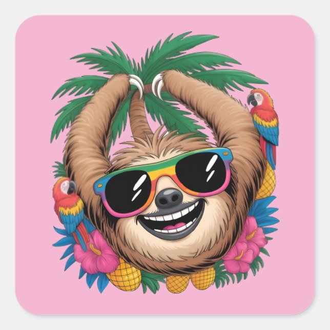 Adesivo Quadrado Kawaii Tropical Sloth – Cute Summer Vibes Rainbow  (Frente)