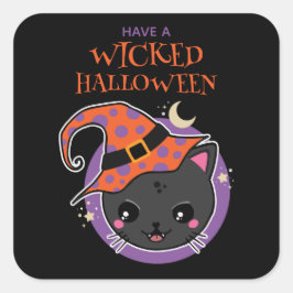 Adesivo Quadrado Kawaii Witch Cat Halloween