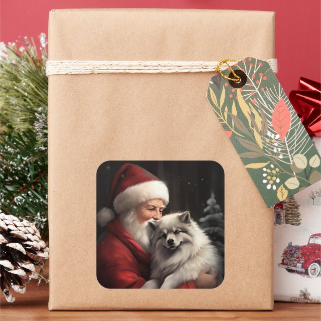 Adesivo Quadrado Keeshond com Papai Noel Natal Festivo (Feriado)