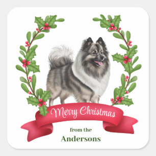 Adesivo Quadrado Keeshond Dog Holly Banner Natal