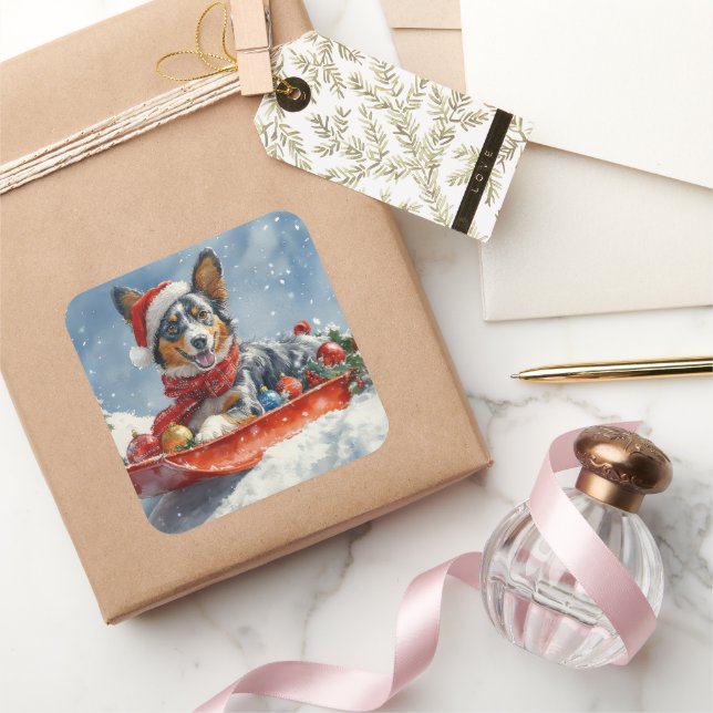 Adesivo Quadrado Kelpie australiano em Sledge Deixe-o nevar Natal (Presentear)