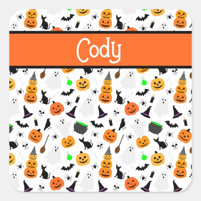 Adesivo Quadrado Kid Halloween Ghost Pumpkin Black Cat Personalize (Frente)