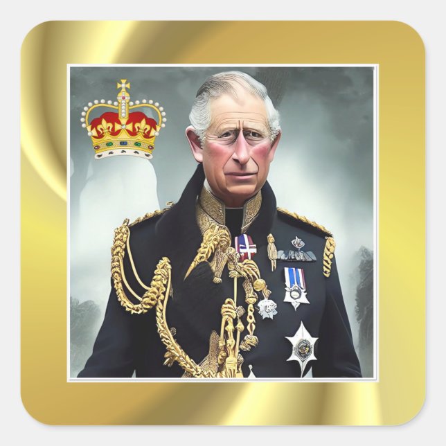 Adesivo Quadrado King Charles III Dourado de fundo Square Sticker (Frente)