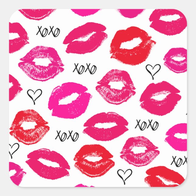 Adesivo Quadrado Kisses XOXO Vermelho e Rosa (Frente)