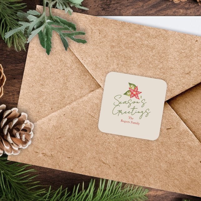 Adesivo Quadrado Kitschy Vintage Poinsettia Vermelha Natal Verde (Criador carregado)