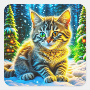 Adesivo Quadrado Kitten de Natal brincando na neve