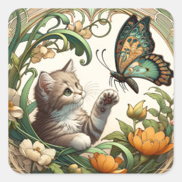 Adesivo Quadrado Kitten e Butterfly Art Nouveau