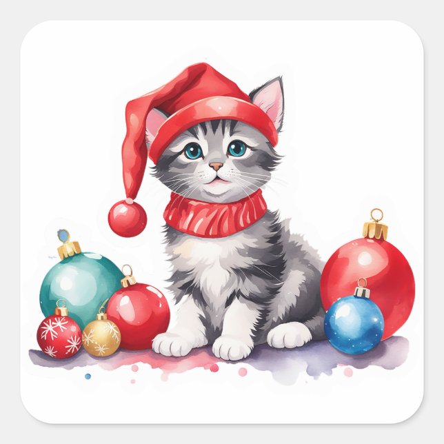 Adesivo Quadrado 🎨 Kitten Natal Brincando com Enfeites de natal (Frente)