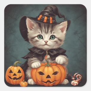 Adesivo Quadrado Kitten no Halloween Costume e Jack-O-Lanterna