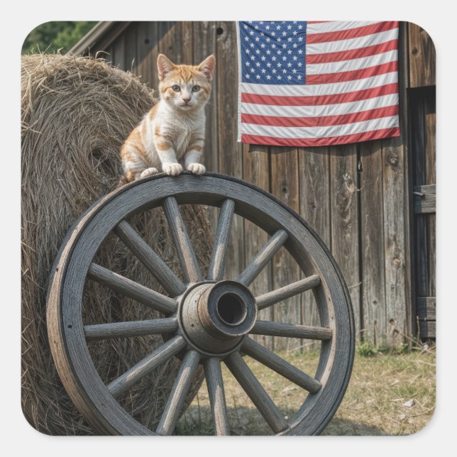Adesivo Quadrado Kitten On an Old Wagon Wheel  (Frente)