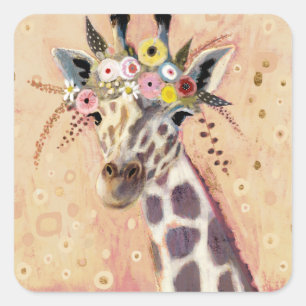 Adesivo Quadrado Klimt Giraffe   Adornada Em Flores