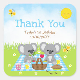 Adesivo Quadrado Koala Bears Picnic Birthday Blue Gingham Obrigado