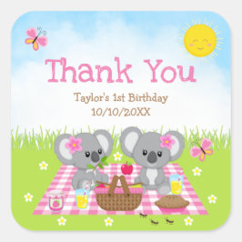 Adesivo Quadrado Koala Bears Picnic Birthday Pink Gingham Obrigado