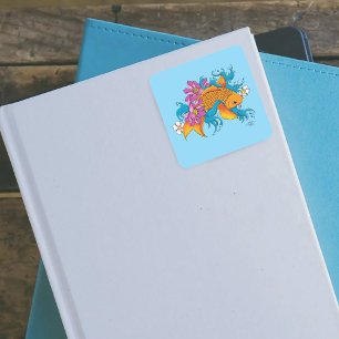 Adesivo Quadrado Koi Fish Lotus Cherry Blossoms