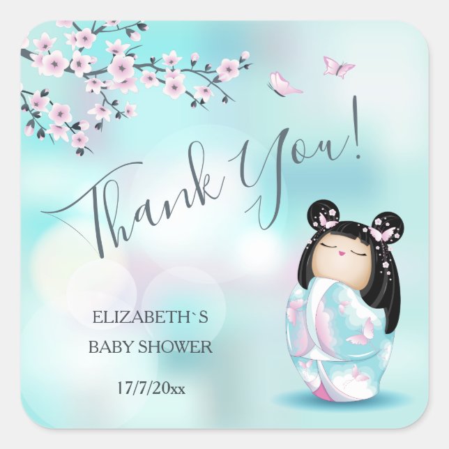 Adesivo Quadrado Kokeshi Doll Baby Shower Thank You (Frente)