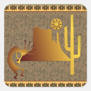 Adesivo Quadrado Kokopelli Mesa e Cactus Set #1