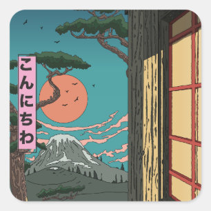 Adesivo Quadrado Konnichiwa Pôr do Sol Japonês