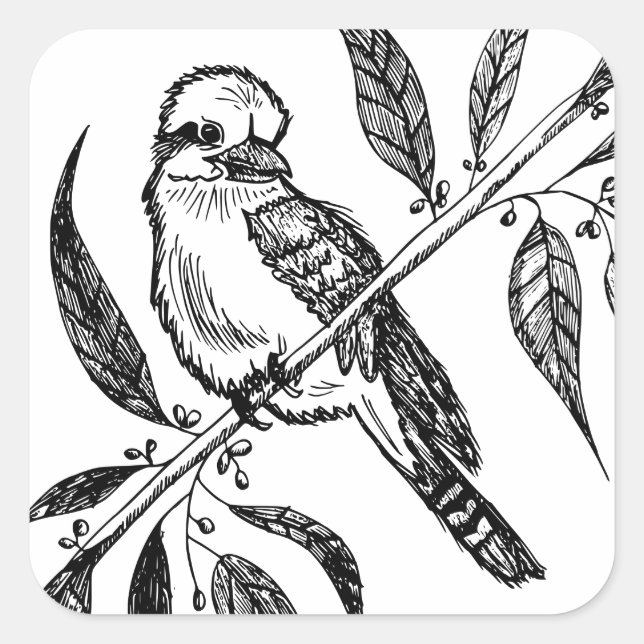 Adesivo Quadrado Kookaburra Preto e Branco no Desenho de Ramificaçã (Frente)