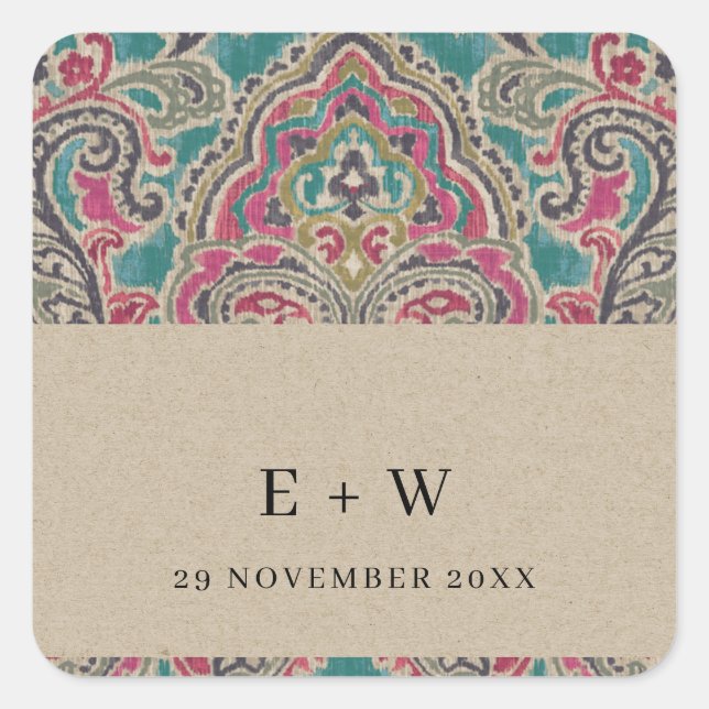 ADESIVO QUADRADO KRAFT BOHO TRIBAL IKAT PINK TEAL MONOGRAMA CASAMEN (Frente)