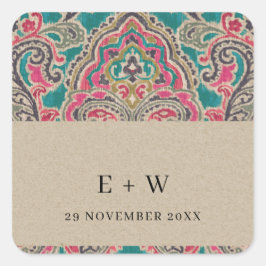 ADESIVO QUADRADO KRAFT BOHO TRIBAL IKAT PINK TEAL MONOGRAMA CASAMEN