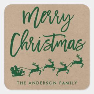 Adesivo Quadrado Kraft Brush Script Christmas Envelope Verde Seal