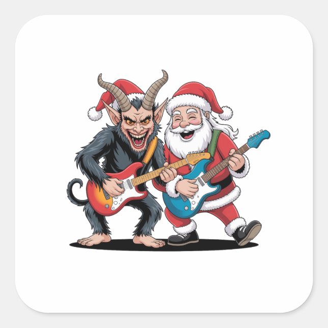 Adesivo Quadrado Krampus e Papais noeis tocando guitarra elétrica n (Frente)