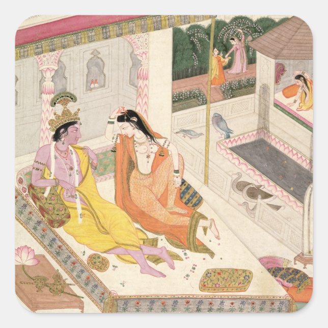 Adesivo Quadrado Krishna e Radha numa cama num palácio Mogul, Punj (Frente)