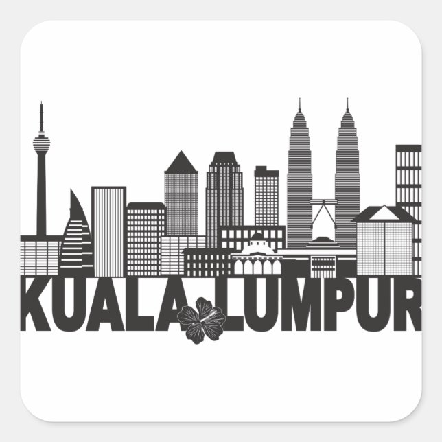 Adesivo Quadrado Kuala Lumpur City Skyline Text Black and White Ill (Frente)