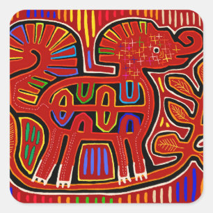Adesivo Quadrado Kuna Indian Baby Elephant - Mola Folk Art