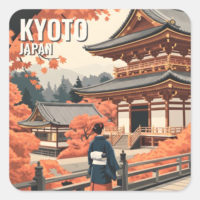 Adesivo Quadrado Kyoto Japan Travel Autumn Temple Retro Personalize (Frente)