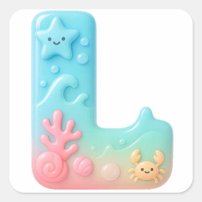 Adesivo Quadrado "L" Cute Letter - Underwater Sea Creature (Frente)